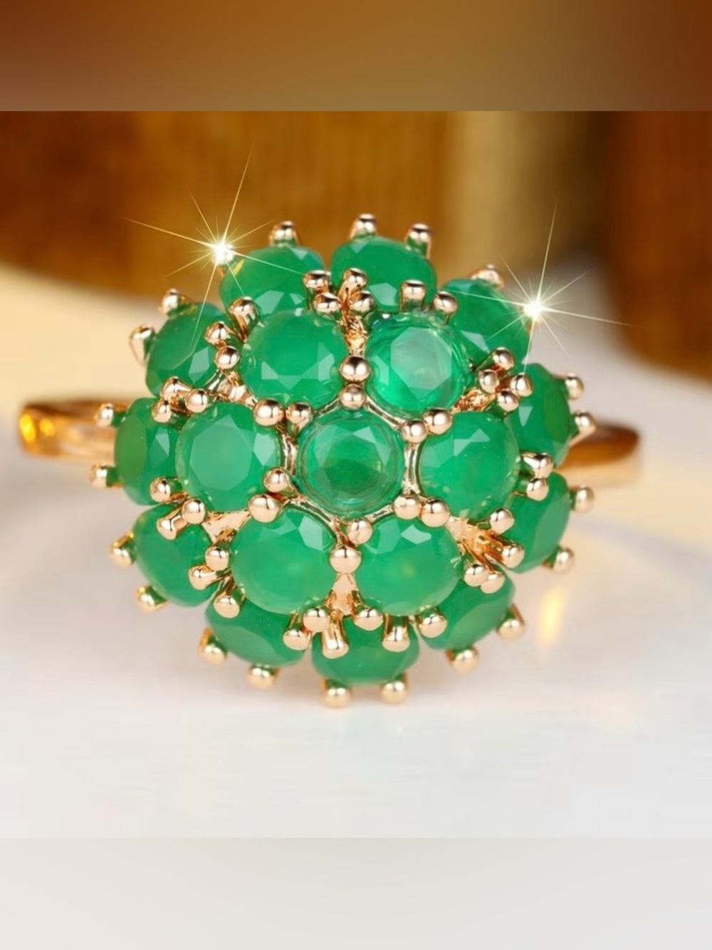Gold-Plated Green Gem Cluster Ring - Elegant Women’s Jewelry